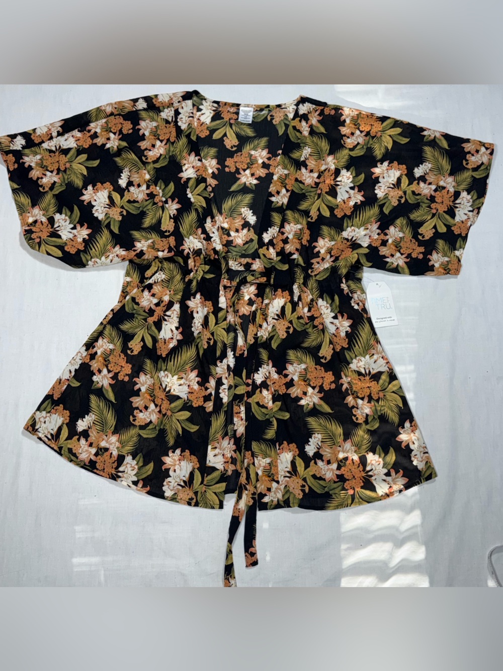 Time and Tru NWT Black Floral Kimono Sleeve Tie Waist Top L-XL P76